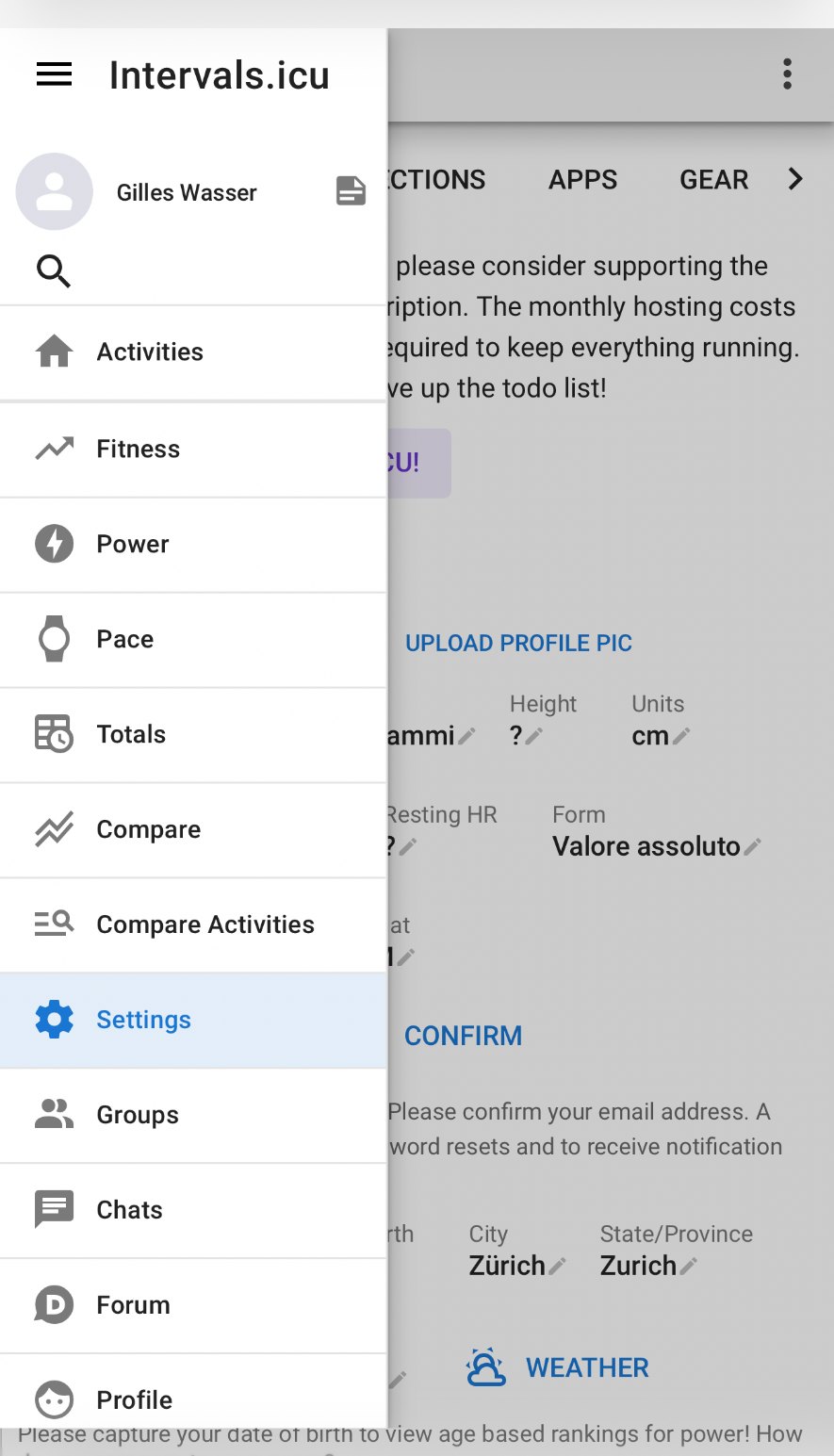 Intervals.icu side menu with Settings